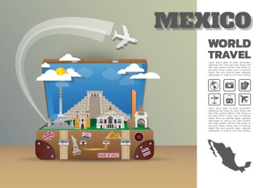 Meksika Simgesel Yapı küresel seyahat ve yolculuk Infographic luggage.3d