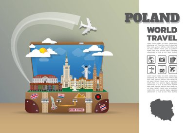 Polonya Simgesel Yapı küresel seyahat ve yolculuk Infographic luggage.3d