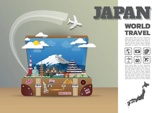일본 랜드마크 글로벌 여행 및 여행 Infographic luggage.3d — 스톡 벡터