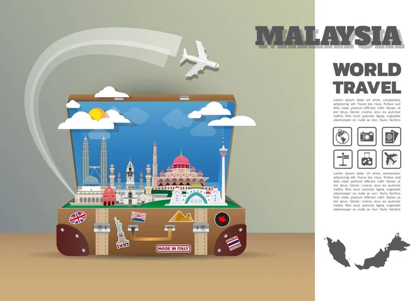 Malásia marco viagem global e viagem bagagem infográfica . —  Vetores de Stock
