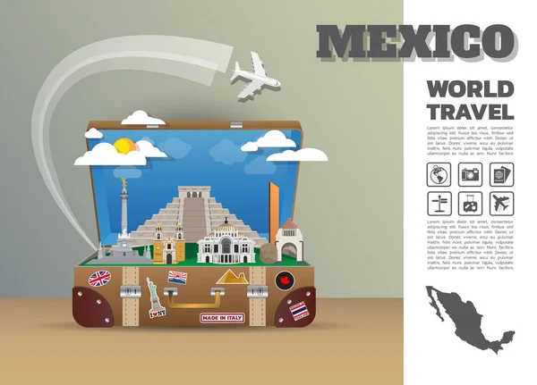 Μεξικό ορόσημο παγκόσμιο ταξίδι και ταξίδι Infographic luggage.3d — Διανυσματικό Αρχείο