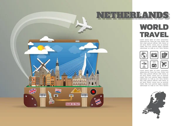 Luggag Ολλανδία ορόσημο παγκόσμιο ταξίδι και ταξίδι Infographic — Διανυσματικό Αρχείο