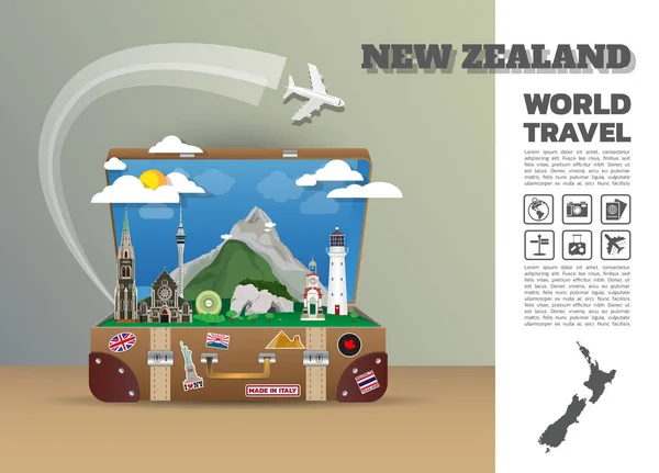 Nueva Zealand Landmark Global Travel And Journey Infographic lugga — Archivo Imágenes Vectoriales