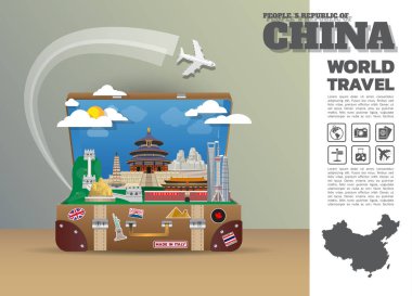 Çin Simgesel Yapı küresel seyahat ve yolculuk Infographic luggage.3d 