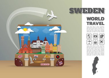 İsveç Simgesel Yapı küresel seyahat ve yolculuk Infographic luggage.3d