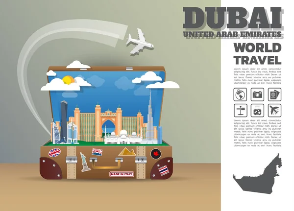 Dubai punto di riferimento globale viaggio e viaggio Infografica luggage.3D — Vettoriale Stock