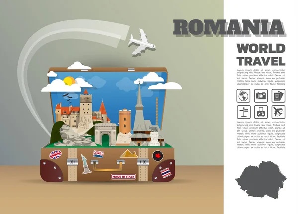 Luggage.3 Ρουμανία ορόσημο παγκόσμιο ταξίδι και ταξίδι Infographic — Διανυσματικό Αρχείο