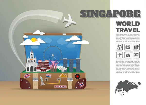 Σιγκαπούρη ορόσημο παγκόσμιο ταξίδι και ταξίδι Infographic αποσκευών — Διανυσματικό Αρχείο