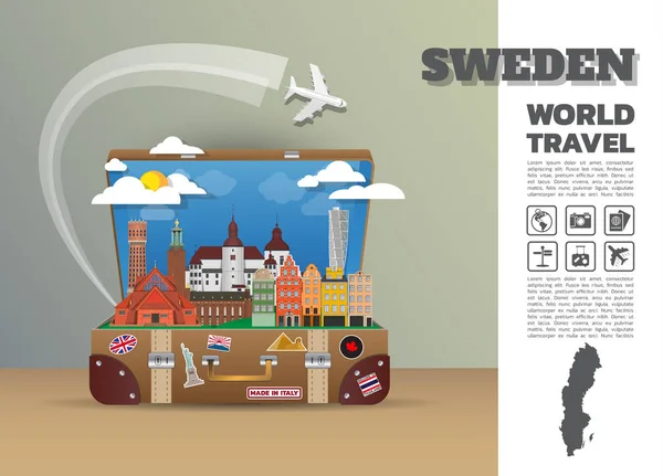 Σουηδία ορόσημο παγκόσμιο ταξίδι και ταξίδι Infographic luggage.3d — Διανυσματικό Αρχείο