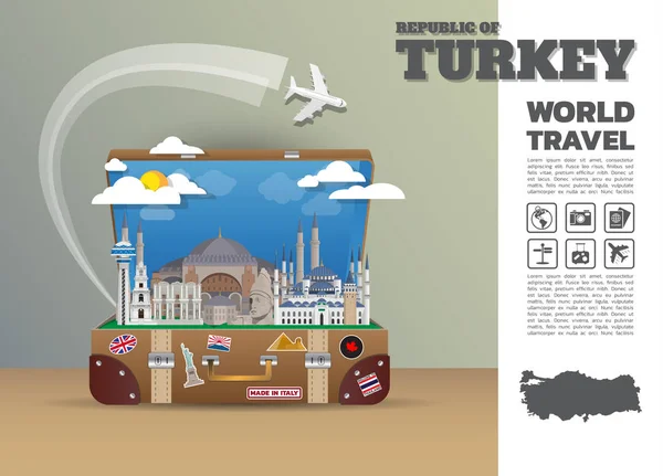 터키 랜드마크 글로벌 여행 및 여행 Infographic luggage.3d — 스톡 벡터