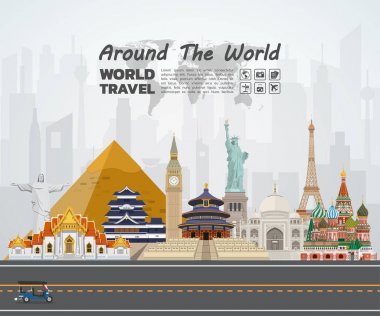 Dünya ünlü dönüm noktası kağıt sanat. Küresel seyahat ve yolculuk Infog