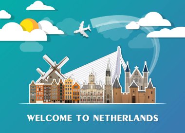 Hollanda Landmark küresel seyahat ve yolculuk kağıt arka plan. 
