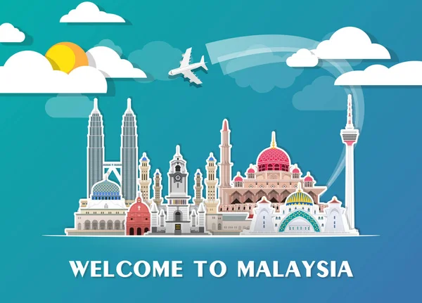Malezya Simgesel Yapı küresel seyahat ve yolculuk kağıt arka plan.