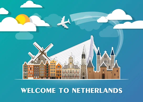 Paesi Bassi Punto di riferimento globale Viaggi e viaggi sfondo carta . — Vettoriale Stock