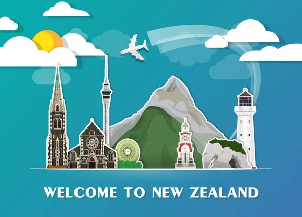 Új-Zéland Landmark globális utazási és utazást papír háttér. — Stock Vector