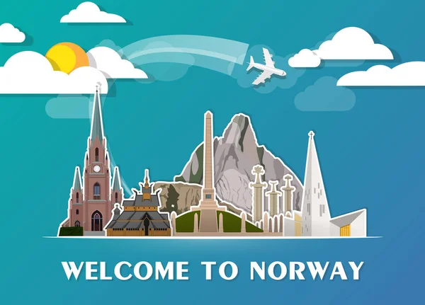 Noruega Landmark Global Travel And Journey paper background . —  Vetores de Stock