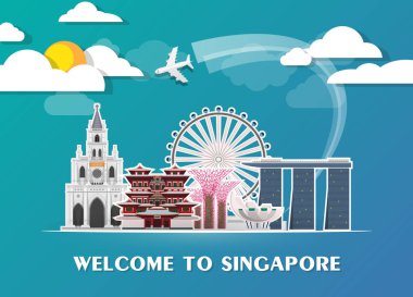 Singapur Simgesel Yapı küresel seyahat ve yolculuk kağıt arka plan. V