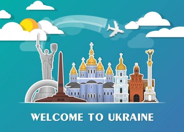 Ukrayna Simgesel Yapı küresel seyahat ve yolculuk kağıt arka plan. 