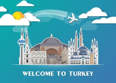 Türkiye'nin Simgesel Yapı küresel seyahat ve yolculuk kağıt arka plan. 