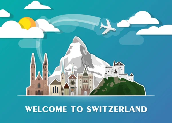 스위스 랜드마크 글로벌 여행 및 여행 종이 배경. — 스톡 벡터