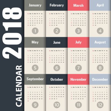 2018 Modern Takvim şablonu. Vektör/illüstrasyon