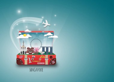 Singapur Simgesel Yapı küresel seyahat ve yolculuk kağıt arka plan. 