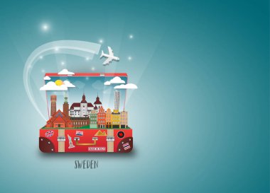 İsveç Simgesel Yapı küresel seyahat ve yolculuk kağıt arka plan. 