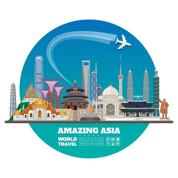Asia słynnej sztuki papieru Landmark. Global Travel i Infogr podróży — Wektor stockowy