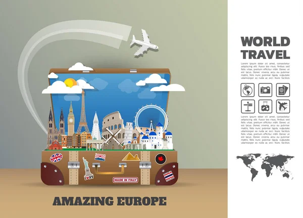 유럽 유명한 랜드마크 종이 예술. 글로벌 여행 및 여행 정보 — 스톡 벡터