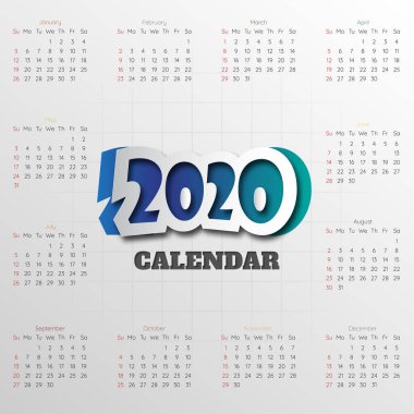 Mutlu yıllar 2020 Modern takvim şablonu. Vektör / illüstrasyon