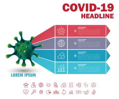 Covid-19 Coronavirus vektör simgesi işaret pankartı. Sunum için bilgi. Dünyada koronavirüs salgını.
