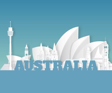 Avustralya Simgesel Yapı küresel seyahat ve yolculuk kağıt arka plan. Tasarım Template.used reklam, kitap, başlık sayfası, şablon, seyahat işletme veya sunum için vektör.