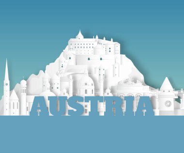 Avusturya Simgesel Yapı küresel seyahat ve yolculuk kağıt arka plan. Tasarım Template.used reklam, kitap, başlık sayfası, şablon, seyahat işletme veya sunum için vektör.