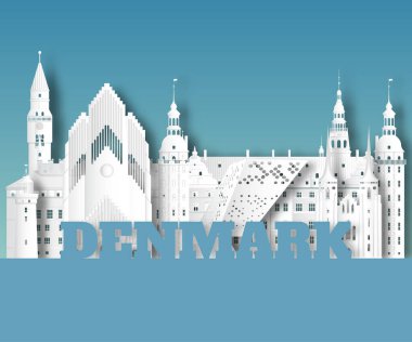 Danimarka Simgesel Yapı küresel seyahat ve yolculuk kağıt arka plan. Tasarım Template.used reklam, kitap, başlık sayfası, şablon, seyahat işletme veya sunum için vektör.