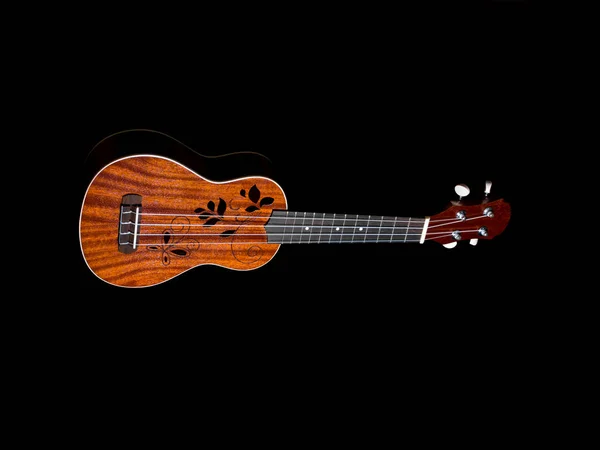 Hawaii Ukulele Guitarra Isolada Contra Fundo Preto Flor — Fotografia de Stock