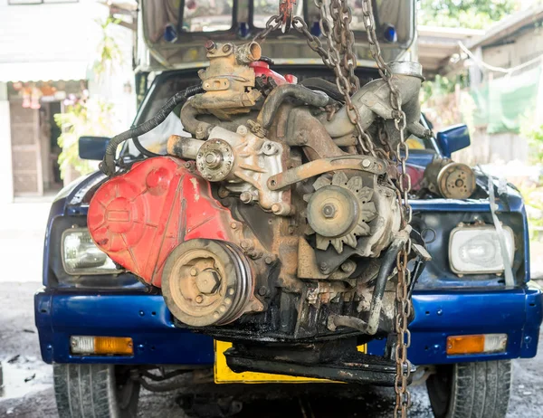 old diesel engine waiting for repair, selective focus