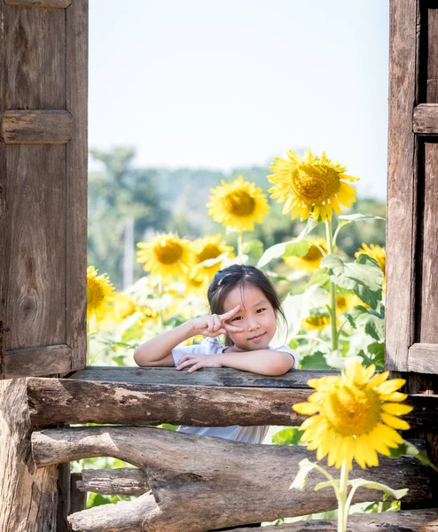 Portrait of Asian adorable little girl in the  field of sunflowe — Stock Photo, Image