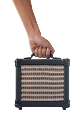 Beyaz arka plan üzerinde izole küçük akustik gitar amplifikatör