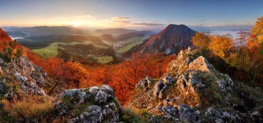Slovakia forest autumn panorana landscape with mountain at sunri clipart