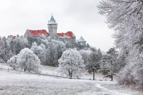 Landcape invernale con castello Smolenice, Slovacchia . — Foto Stock