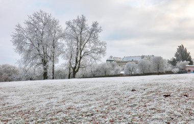 Kış manzarası ile kale Cerveny kamen, Slovakya