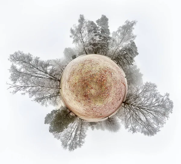 Küçük gezegen küre küresel panorama Rus kış sunligh üzerinde