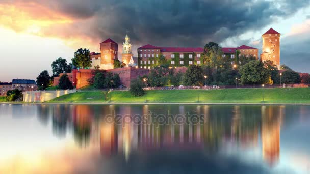 Krakow - Royal castle Wawel at night, Poland, Time lapse — Stock Video