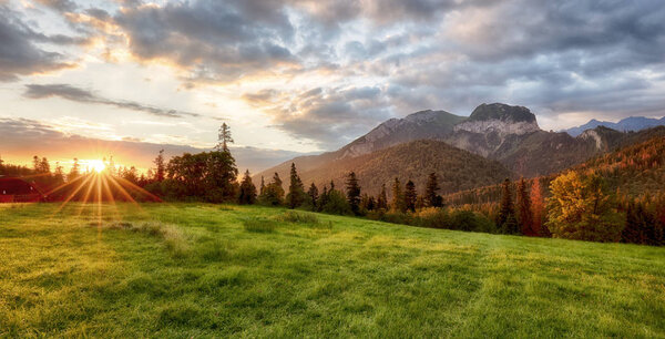 Прекрасный летний пейзаж в горах. Восход солнца
