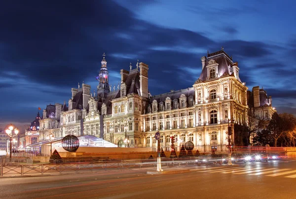 Gece - Hotel de Ville, Paris belediye binası — Stok fotoğraf