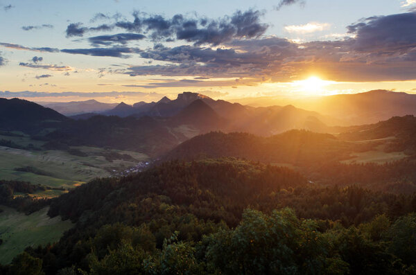 Sunset over Summer mountain landscape in Slovakia, Pieniny