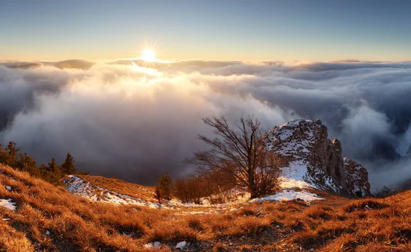 Sole, paesaggio montano sopra le nuvole, bella natura — Foto Stock