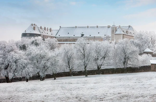 Kış manzarası ile kale Cerveny kamen, Slovakya