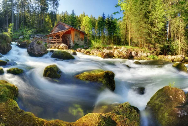 Austria panorama landscape with waterfall and watermill near Sal — Stock Photo, Image
