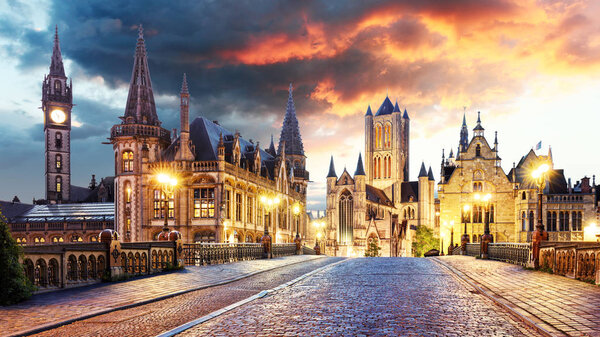 Belgium historic city Ghent at sunset